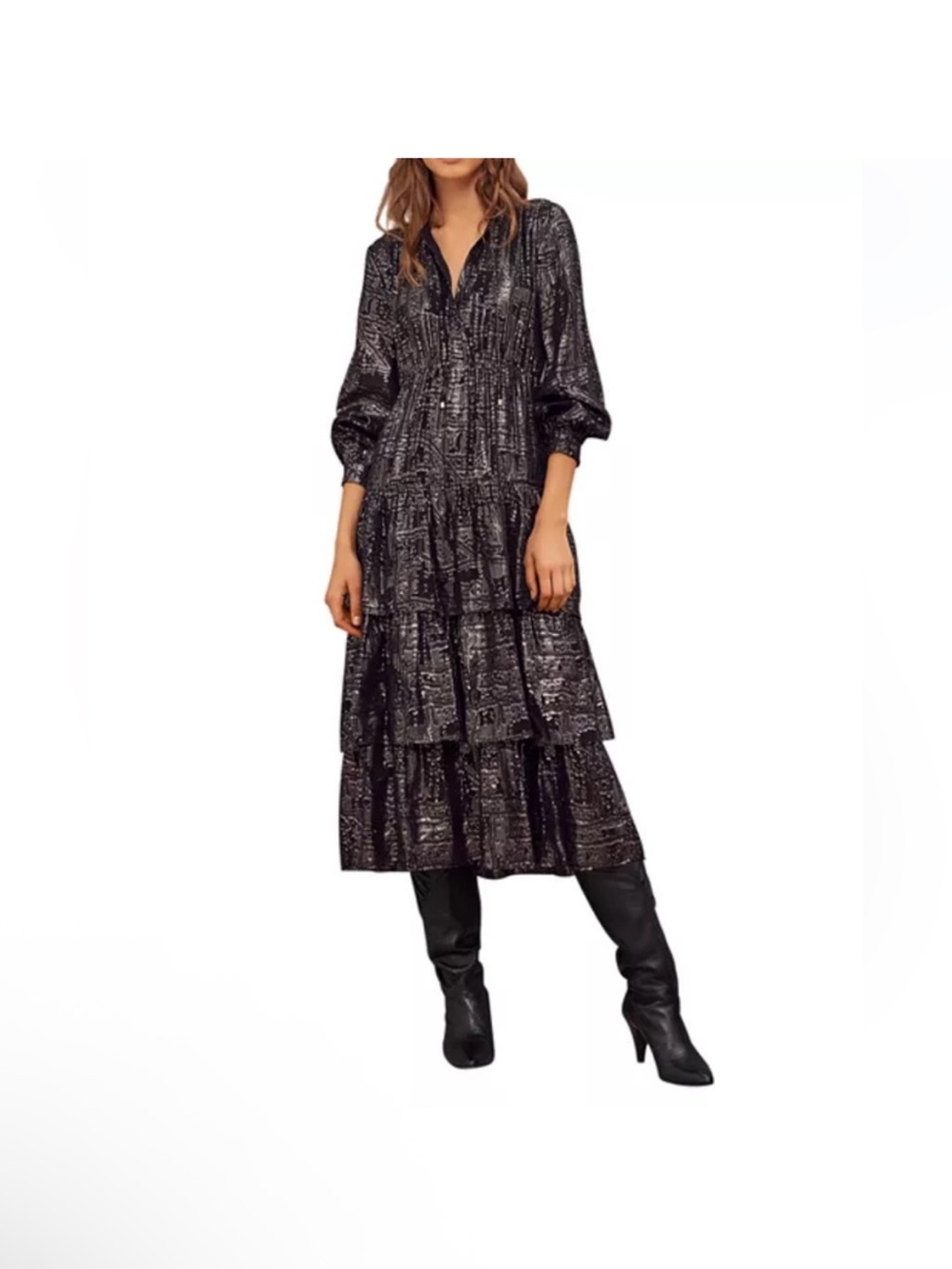 Ba&sh Sophie Tiered Dress. Size XS . Black and metallic silver. V-neck